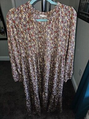 Easel Button Down Floral Maxi Tiered Dress Purple Yellow White Sz L